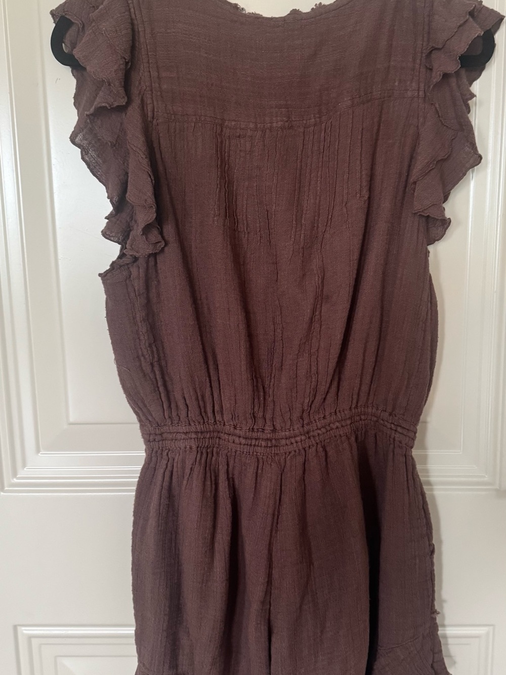 Free People Ruffled Gauze Short Romper in Dusty Mauve/ Brown - Picture 3 of 8